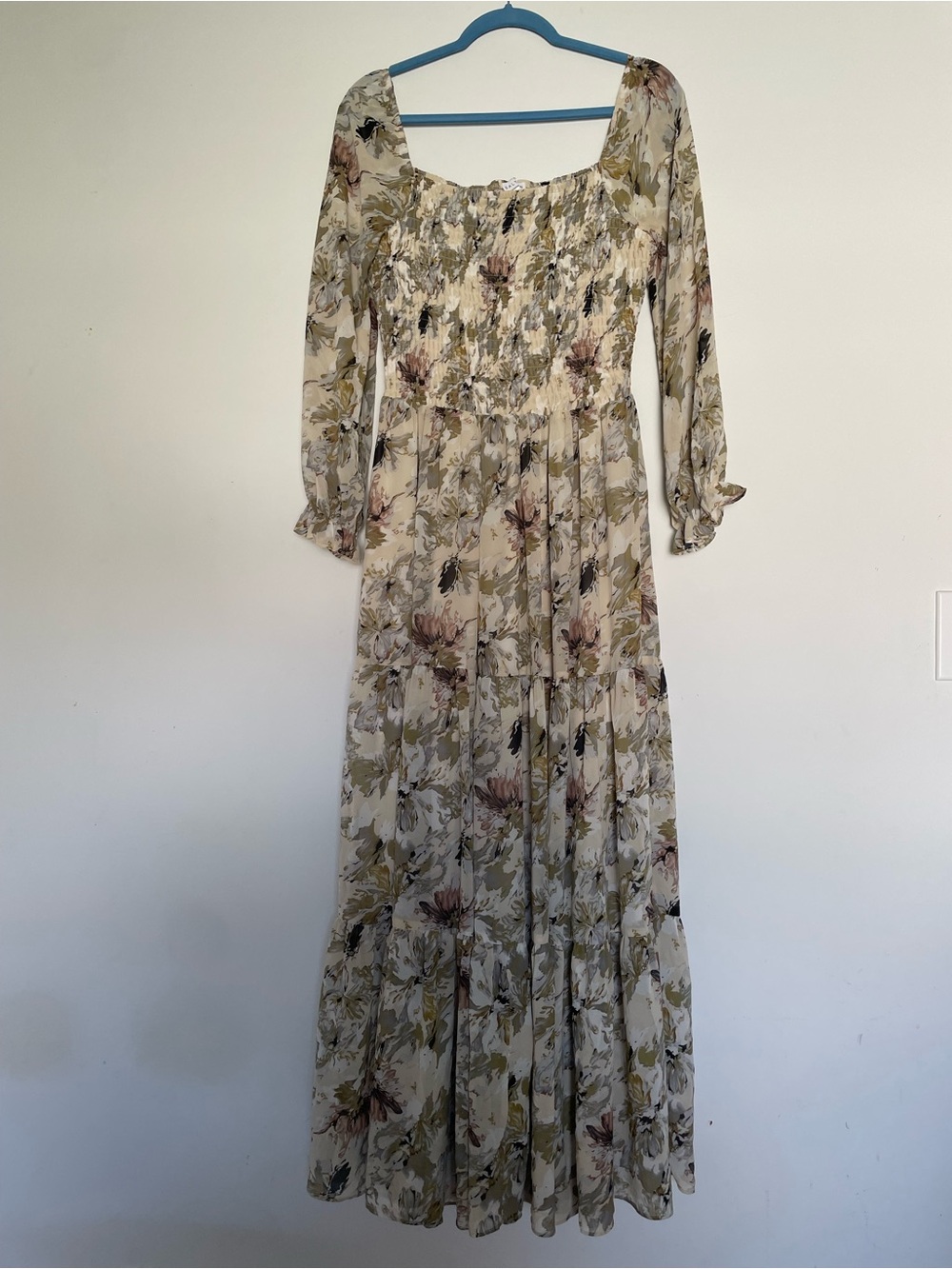 Baltic Born Chiffon Smocked Tiered Maxi Dress Olive Mauve Floral Large